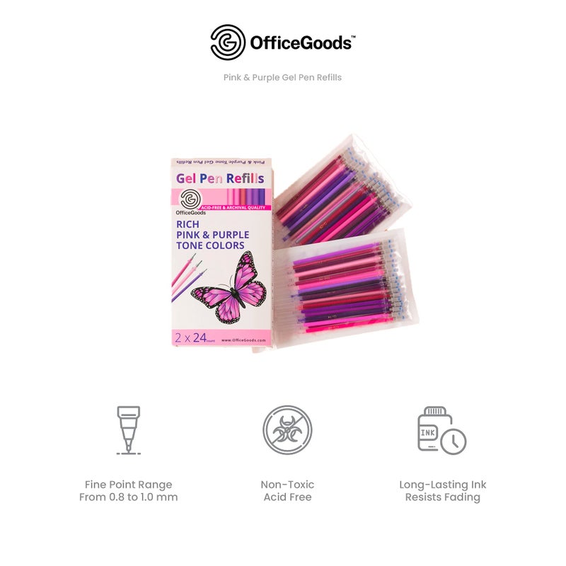 OfficeGoods Gel Pen Refills - 24 Individual Colors - Fast Drying Ink - Perfect for Artists, Adult and Kids Coloring Books, Mandalas, Nature - 2 Pack - Pinks and Purples - Image 4